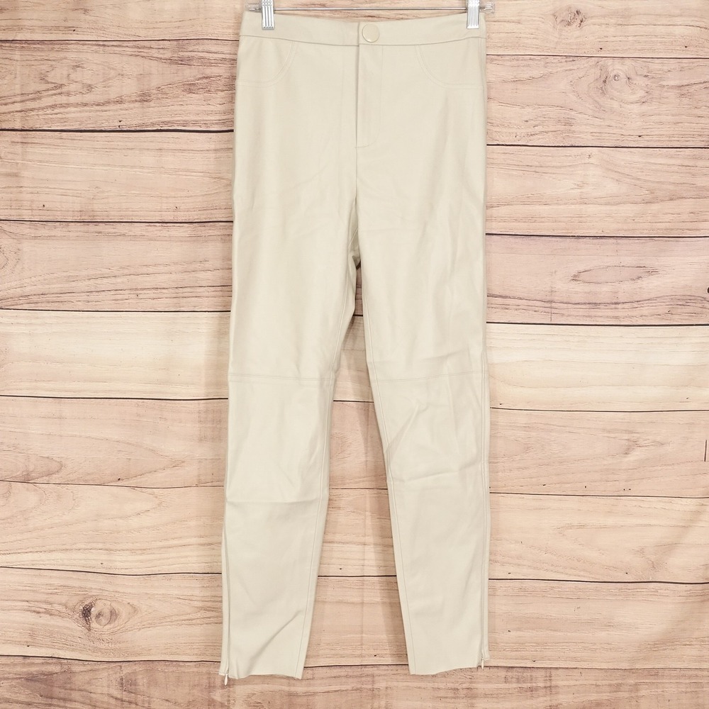 New! Zara Pants Womens M Beige Faux Leather Skinny Ankle Zip Dressy Pants
